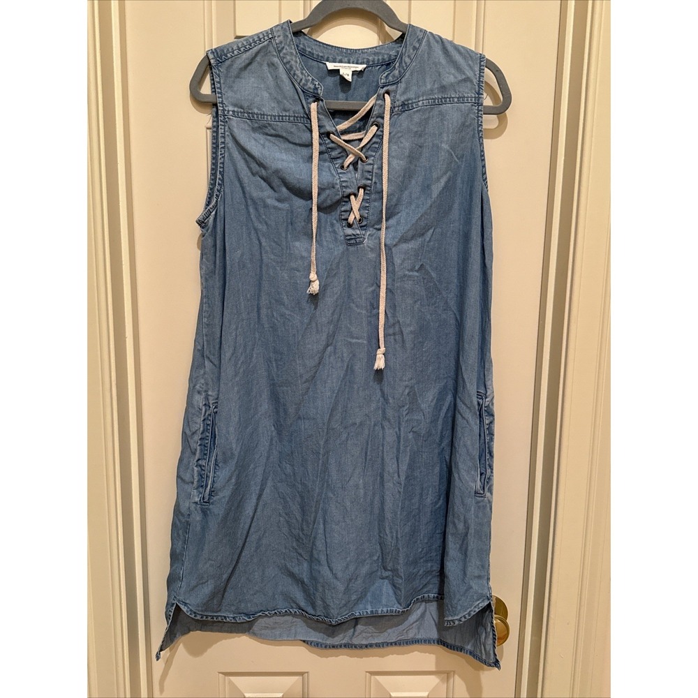 BeachLunchLounge Nordstrom Chambray Striped Lace Up Collar‎ Mini Sun Dress Sz L